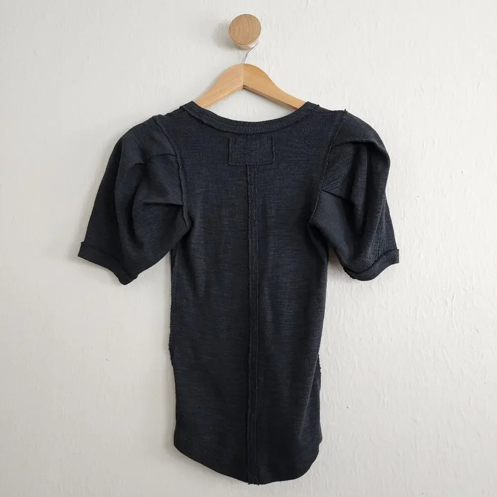 Free People Papaya Puff Sleeve Short Sleeve Knit Top Black NEW Womens XS